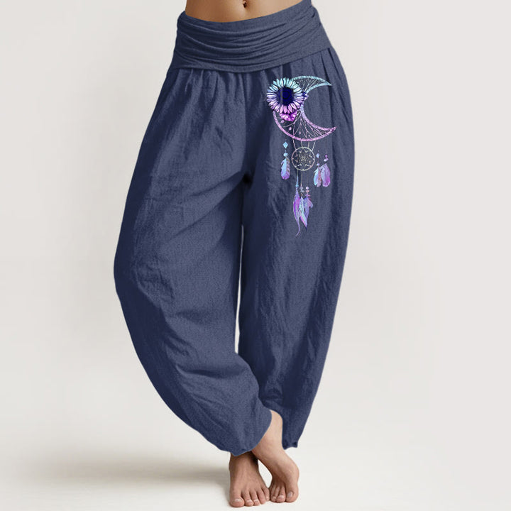 Buddha Stones Pantalon harem pour femme en pur coton, élégant, à motif de fleurs de lune et de plumes, taille élastique - Bleu ardoise foncé - US16，UK/AU20，EU48 (3XL) - image 5