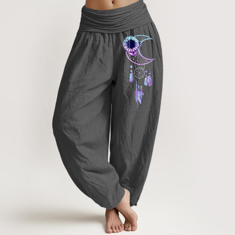 Buddha Stones Pantalon harem pour femme en pur coton, élégant, à motif de fleurs de lune et de plumes, taille élastique - Gris terne - US16，UK/AU20，EU48 (3XL) - image 8