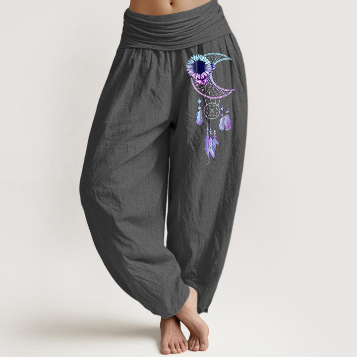 Buddha Stones Pantalon harem pour femme en pur coton, élégant, à motif de fleurs de lune et de plumes, taille élastique - Gris terne - US16，UK/AU20，EU48 (3XL) - image 8