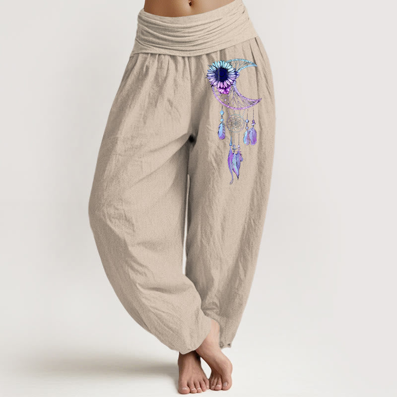 Buddha Stones Pantalon harem pour femme en pur coton, élégant, à motif de fleurs de lune et de plumes, taille élastique - Tanné - US16，UK/AU20，EU48 (3XL) - image 11