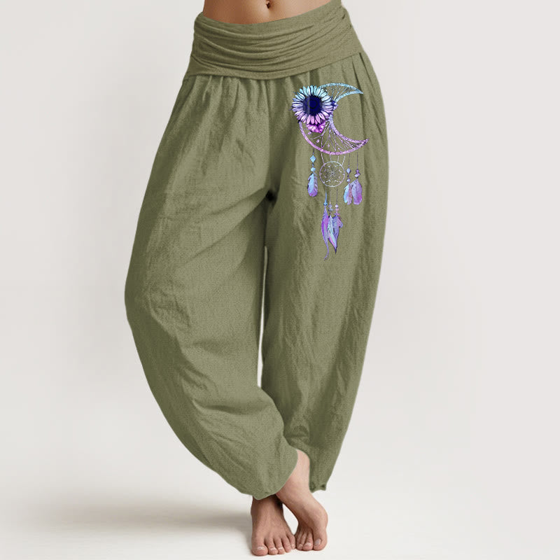 Buddha Stones Pantalon harem pour femme en pur coton, élégant, à motif de fleurs de lune et de plumes, taille élastique - Vert olive - US16，UK/AU20，EU48 (3XL) - image 14