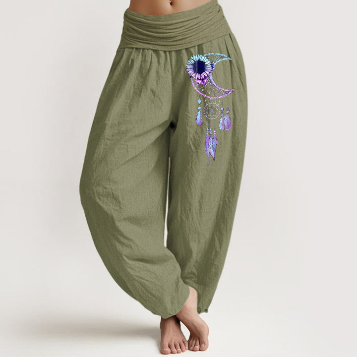 Buddha Stones Pantalon harem pour femme en pur coton, élégant, à motif de fleurs de lune et de plumes, taille élastique - Vert olive - US16，UK/AU20，EU48 (3XL) - image 14