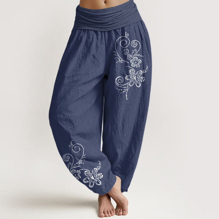 Buddha Stones Pantalon harem pour femme en pur coton à pois et motif floral, taille élastique - Bleu ardoise foncé - US16，UK/AU20，EU48 (3XL) - image 0