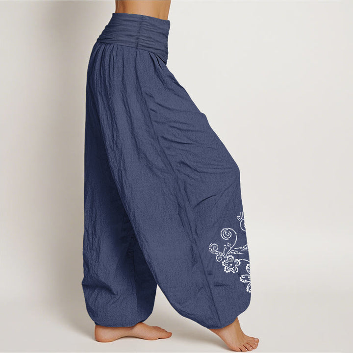 Buddha Stones Pantalon harem pour femme en pur coton à pois et motif floral, taille élastique - image 2