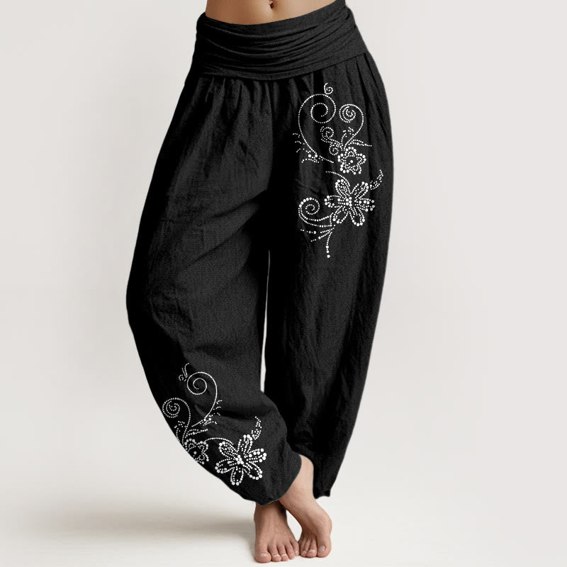 Buddha Stones Pantalon harem pour femme en pur coton à pois et motif floral, taille élastique - Noir - US16，UK/AU20，EU48 (3XL) - image 5