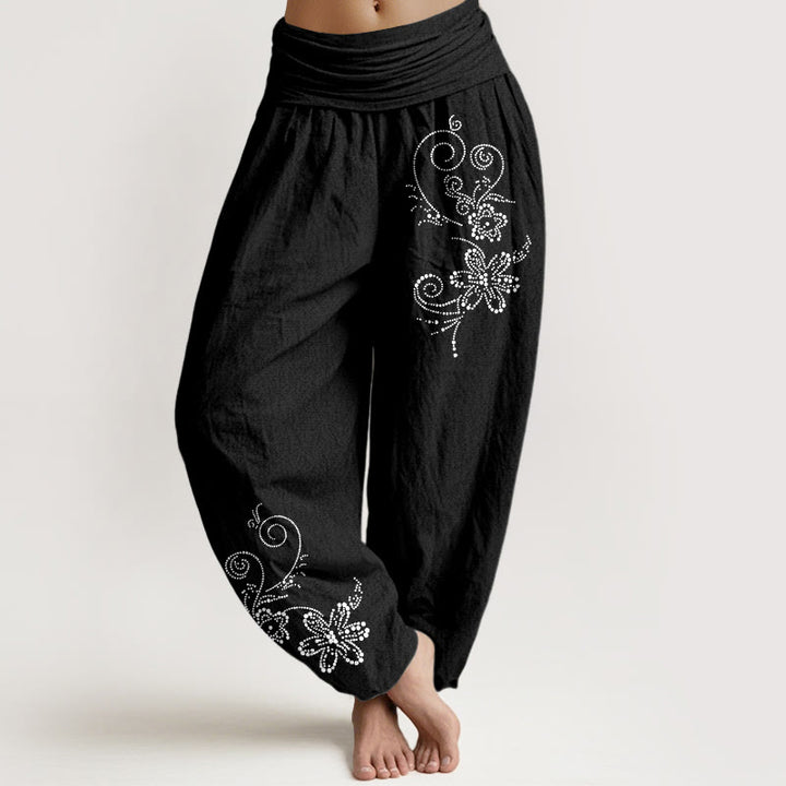 Buddha Stones Pantalon harem pour femme en pur coton à pois et motif floral, taille élastique - Noir - US16，UK/AU20，EU48 (3XL) - image 5