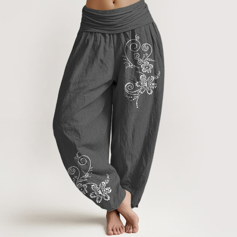 Buddha Stones Pantalon harem pour femme en pur coton à pois et motif floral, taille élastique - Gris sombre - US16，UK/AU20，EU48 (3XL) - image 8
