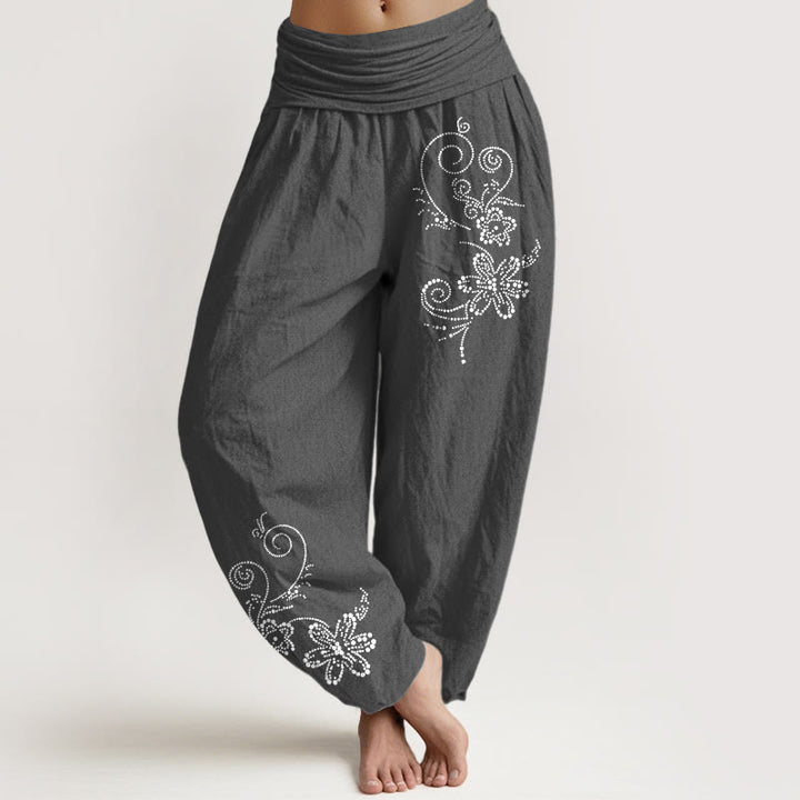 Buddha Stones Pantalon harem pour femme en pur coton à pois et motif floral, taille élastique - Gris sombre - US16，UK/AU20，EU48 (3XL) - image 8