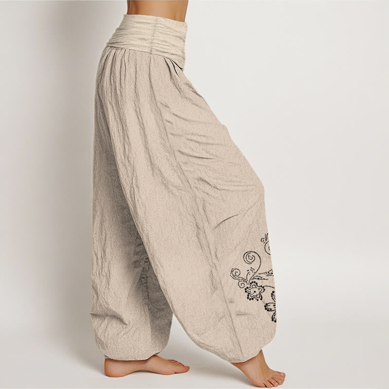 Buddha Stones Pantalon harem pour femme en pur coton à pois et motif floral, taille élastique - image 13