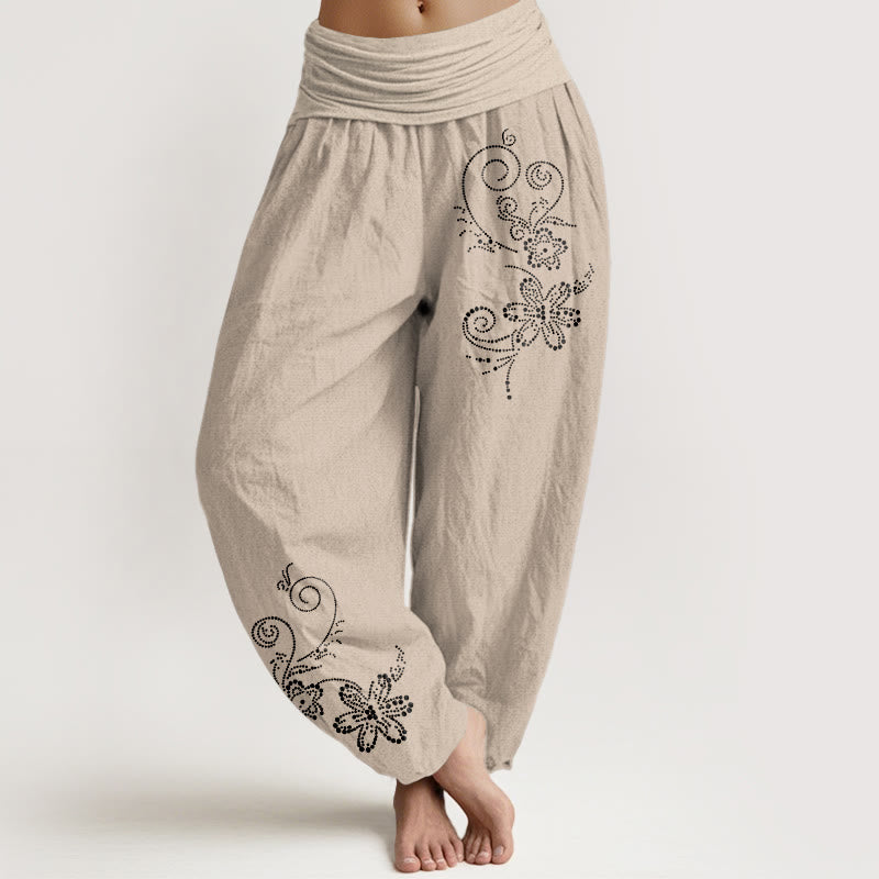 Buddha Stones Pantalon harem pour femme en pur coton à pois et motif floral, taille élastique - Tanné - US16，UK/AU20，EU48 (3XL) - image 11
