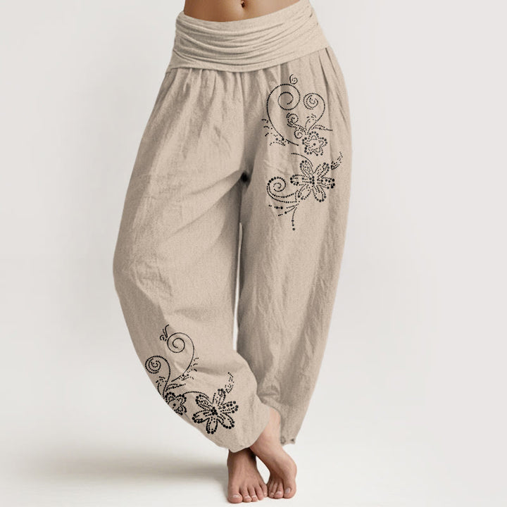 Buddha Stones Pantalon harem pour femme en pur coton à pois et motif floral, taille élastique - Tanné - US16，UK/AU20，EU48 (3XL) - image 11