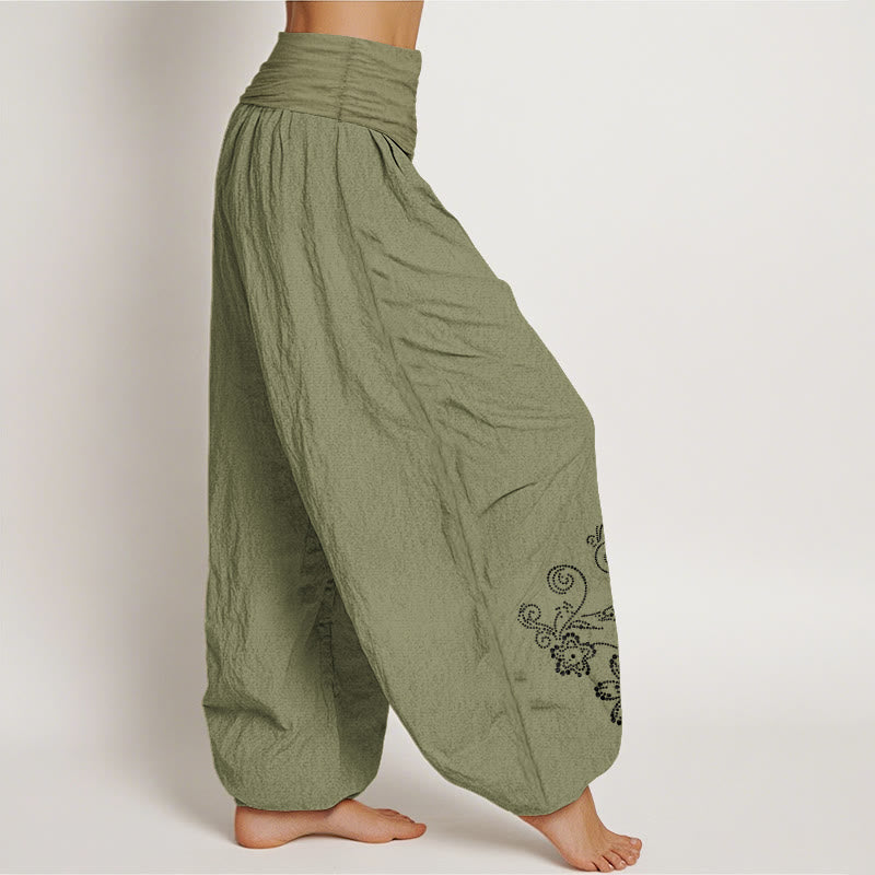 Buddha Stones Pantalon harem pour femme en pur coton à pois et motif floral, taille élastique - image 16