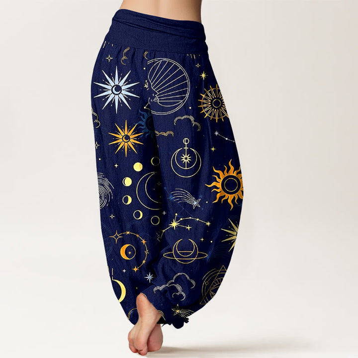 Buddha Stones Pantalon harem à taille élastique pour femme, motif lune, soleil, nuage, étoile et constellation. - image 1