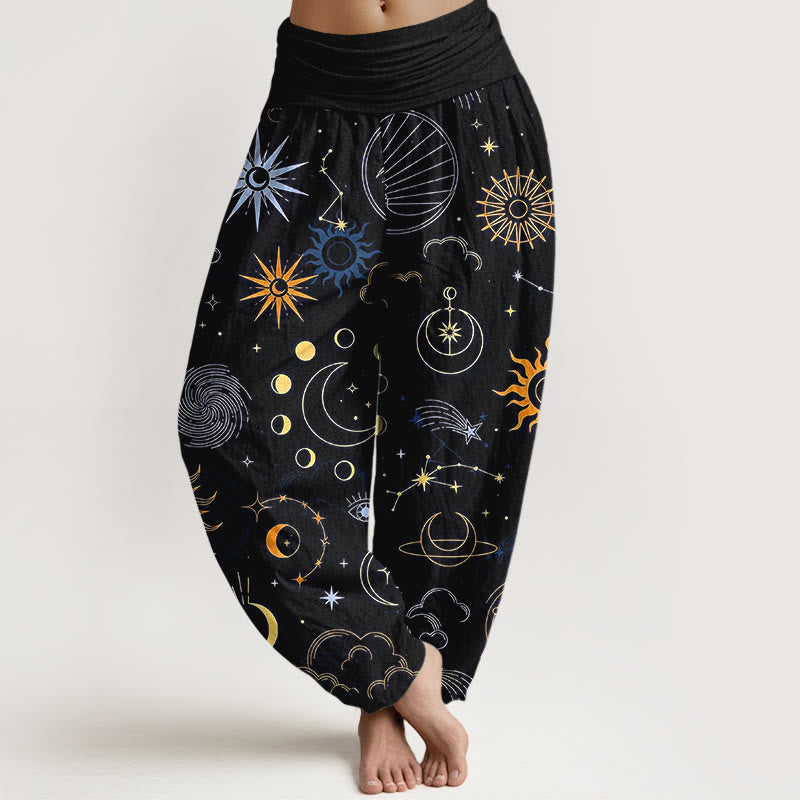 Buddha Stones Pantalon harem à taille élastique pour femme, motif lune, soleil, nuage, étoile et constellation. - Noir - US16，UK/AU20，EU48 (3XL) - image 8