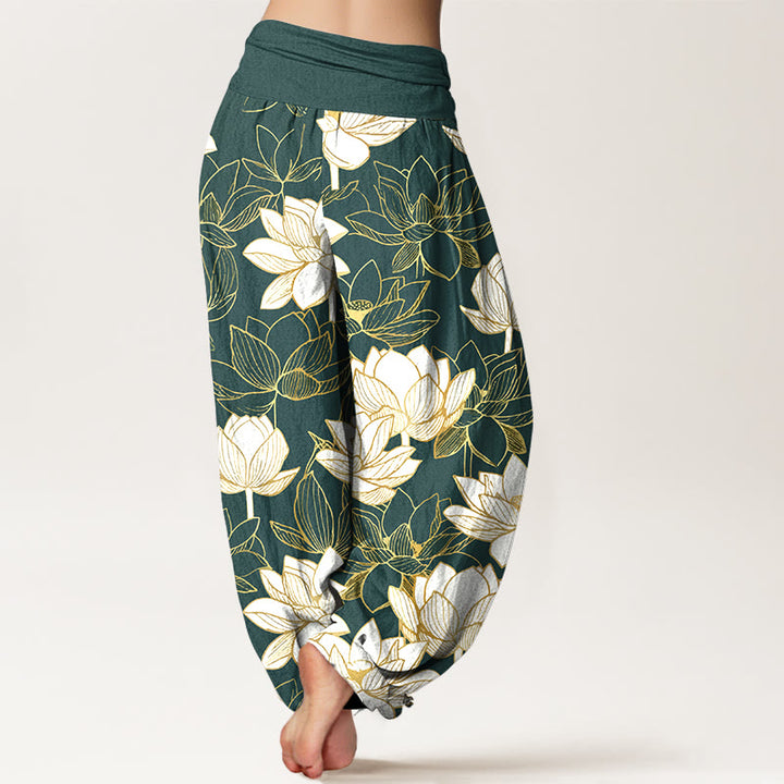 Buddha Stones Pantalon harem pour femme en coton élégant à motif de fleur de lotus et taille élastique - image 1