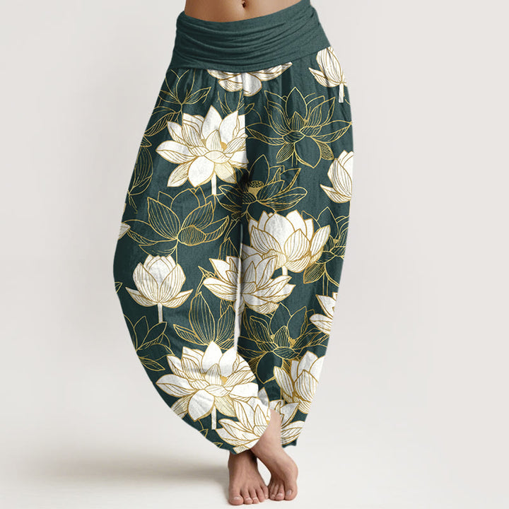 Buddha Stones Pantalon harem pour femme en coton élégant à motif de fleur de lotus et taille élastique - Vert foncé - US16，UK/AU20，EU48 (3XL) - image 0