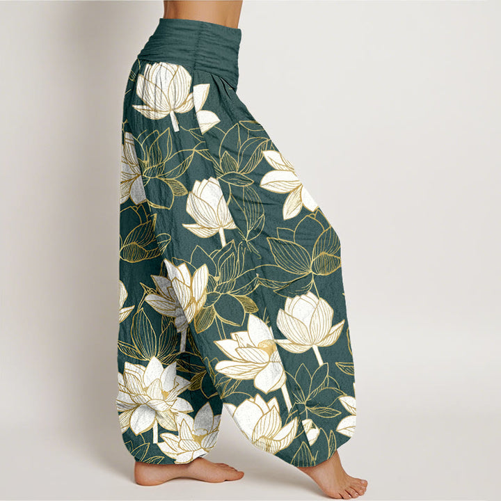 Buddha Stones Pantalon harem pour femme en coton élégant à motif de fleur de lotus et taille élastique - image 2