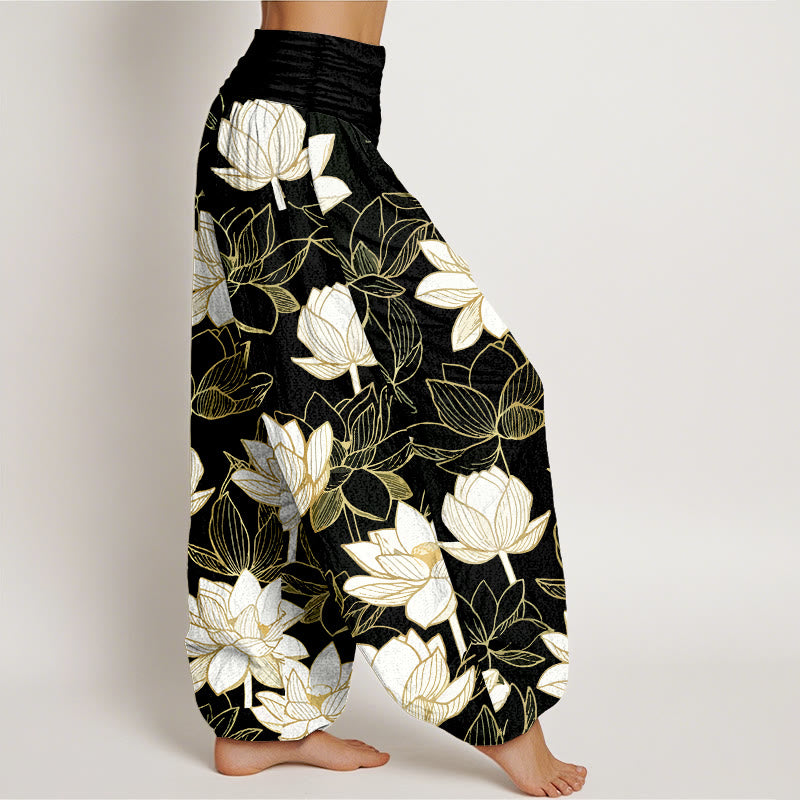 Buddha Stones Pantalon harem pour femme en coton élégant à motif de fleur de lotus et taille élastique - image 7
