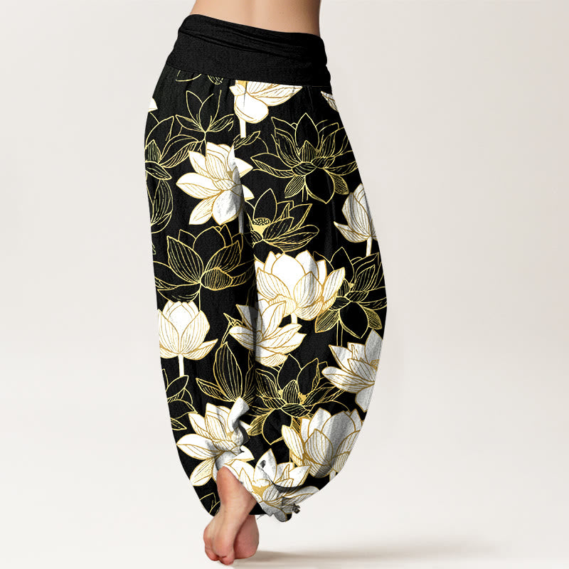 Buddha Stones Pantalon harem pour femme en coton élégant à motif de fleur de lotus et taille élastique - image 6