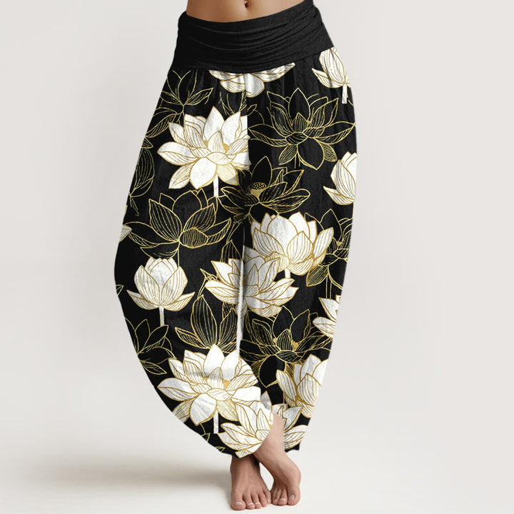 Buddha Stones Pantalon harem pour femme en coton élégant à motif de fleur de lotus et taille élastique - Noir - US16，UK/AU20，EU48 (3XL) - image 5
