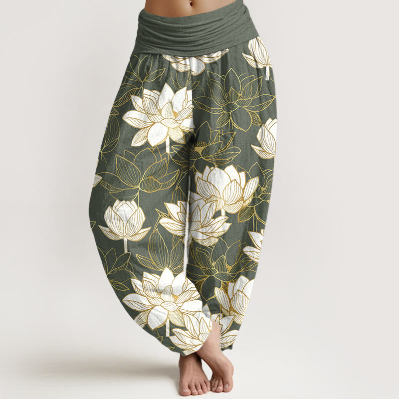 Buddha Stones Pantalon harem pour femme en coton élégant à motif de fleur de lotus et taille élastique - Vert olive - US16，UK/AU20，EU48 (3XL) - image 8