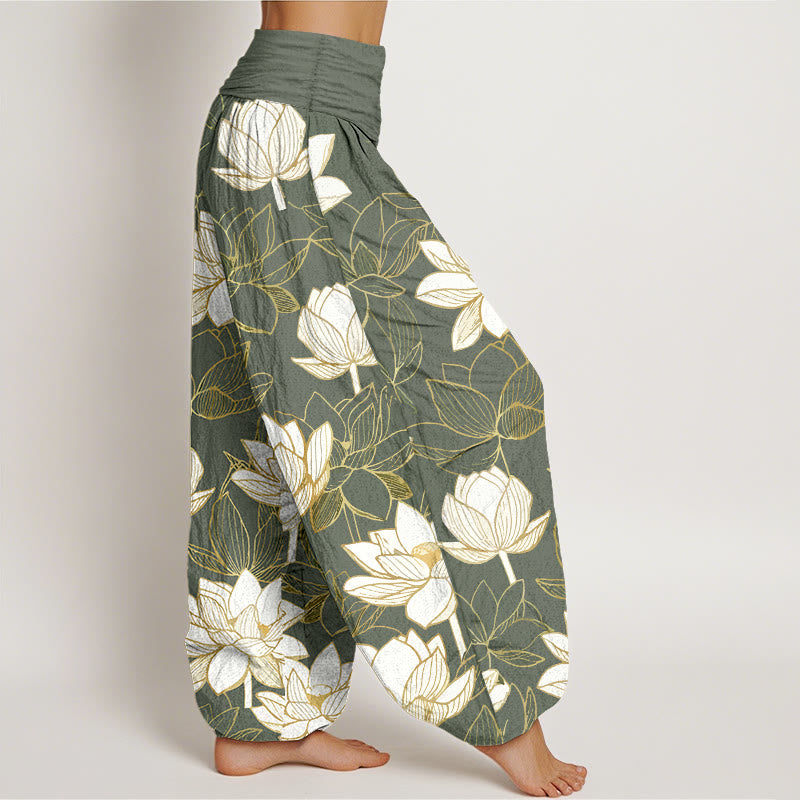 Buddha Stones Pantalon harem pour femme en coton élégant à motif de fleur de lotus et taille élastique - image 10