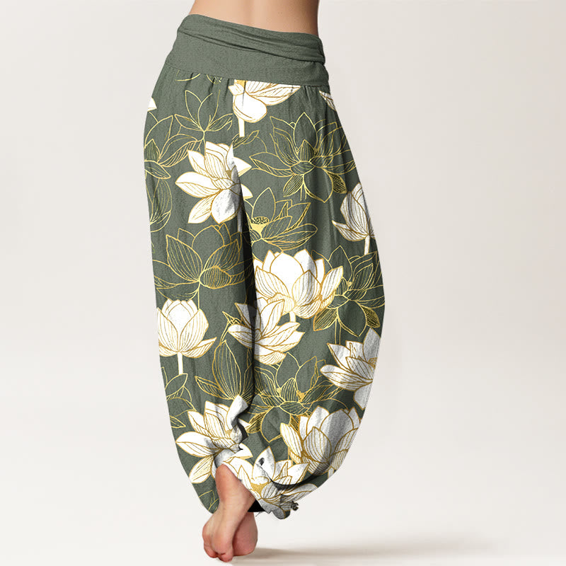 Buddha Stones Pantalon harem pour femme en coton élégant à motif de fleur de lotus et taille élastique - image 9