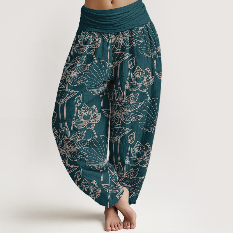 Buddha Stones Pantalon harem élégant et raffiné en coton à motif de feuilles de lotus et de fleurs, taille élastique, pour femme - Sarcelle - US16，UK/AU20，EU48 (3XL) - image 0