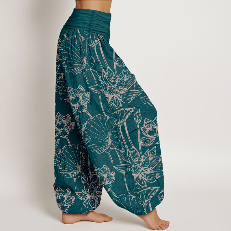 Buddha Stones Pantalon harem élégant et raffiné en coton à motif de feuilles de lotus et de fleurs, taille élastique, pour femme - image 2
