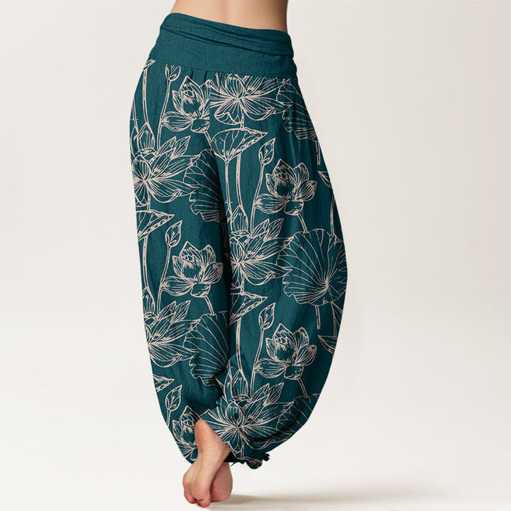 Buddha Stones Pantalon harem élégant et raffiné en coton à motif de feuilles de lotus et de fleurs, taille élastique, pour femme - image 1