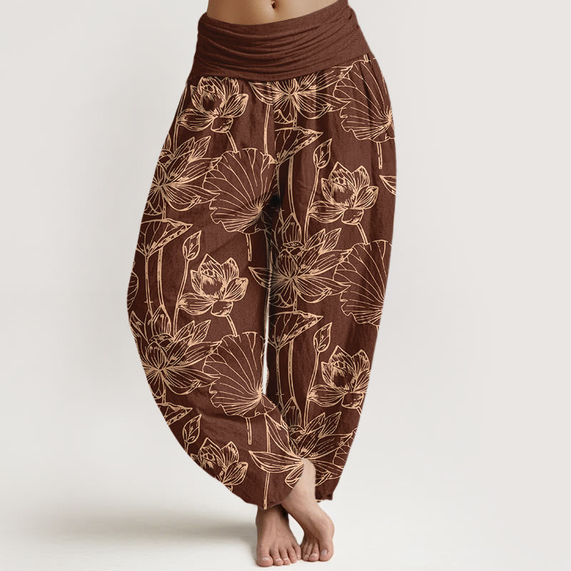Buddha Stones Pantalon harem élégant et raffiné en coton à motif de feuilles de lotus et de fleurs, taille élastique, pour femme - Brun - US16，UK/AU20，EU48 (3XL) - image 5