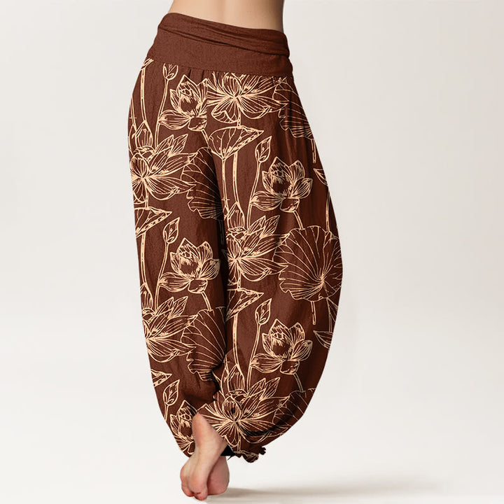Buddha Stones Pantalon harem élégant et raffiné en coton à motif de feuilles de lotus et de fleurs, taille élastique, pour femme - image 7