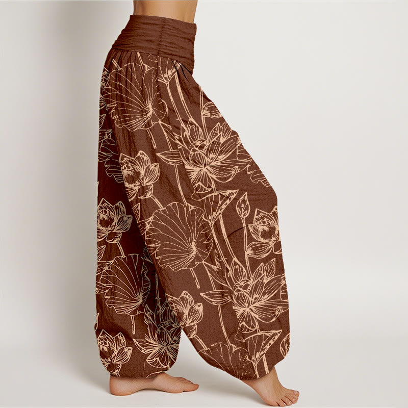 Buddha Stones Pantalon harem élégant et raffiné en coton à motif de feuilles de lotus et de fleurs, taille élastique, pour femme - image 6