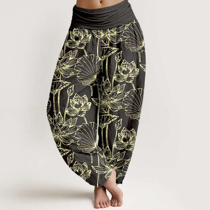 Buddha Stones Pantalon harem élégant et raffiné en coton à motif de feuilles de lotus et de fleurs, taille élastique, pour femme - Noir - US16，UK/AU20，EU48 (3XL) - image 8