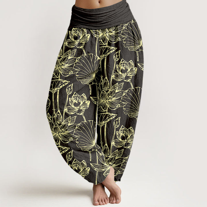 Buddha Stones Pantalon harem élégant et raffiné en coton à motif de feuilles de lotus et de fleurs, taille élastique, pour femme - Noir - US16，UK/AU20，EU48 (3XL) - image 8