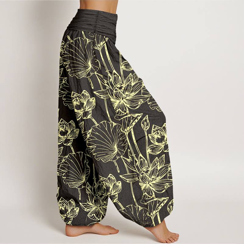 Buddha Stones Pantalon harem élégant et raffiné en coton à motif de feuilles de lotus et de fleurs, taille élastique, pour femme - image 10