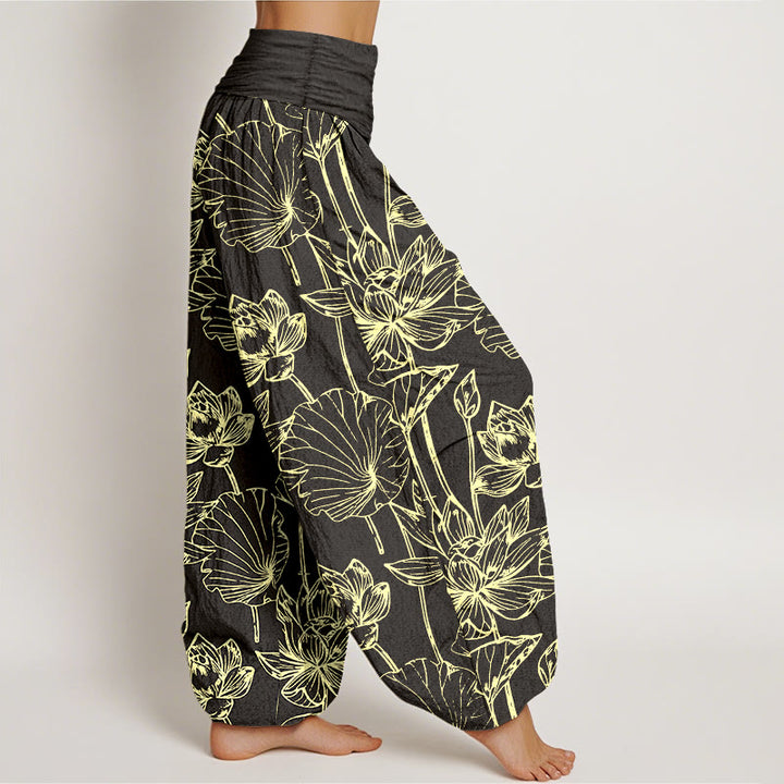 Buddha Stones Pantalon harem élégant et raffiné en coton à motif de feuilles de lotus et de fleurs, taille élastique, pour femme - image 10