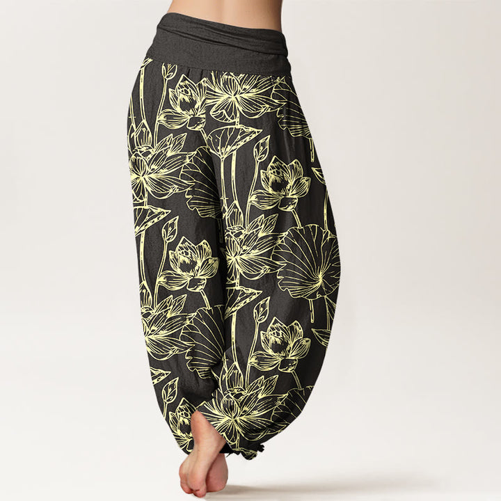 Buddha Stones Pantalon harem élégant et raffiné en coton à motif de feuilles de lotus et de fleurs, taille élastique, pour femme - image 9