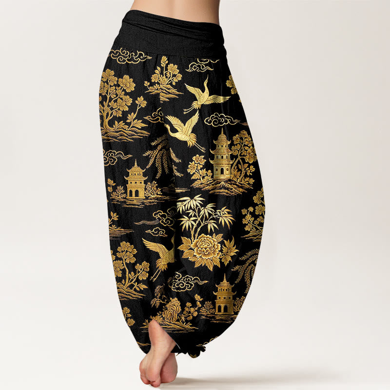 Buddha Stones Pantalon harem à taille élastique pour femme, en coton, motif grue, nuage et pivoine. - image 1