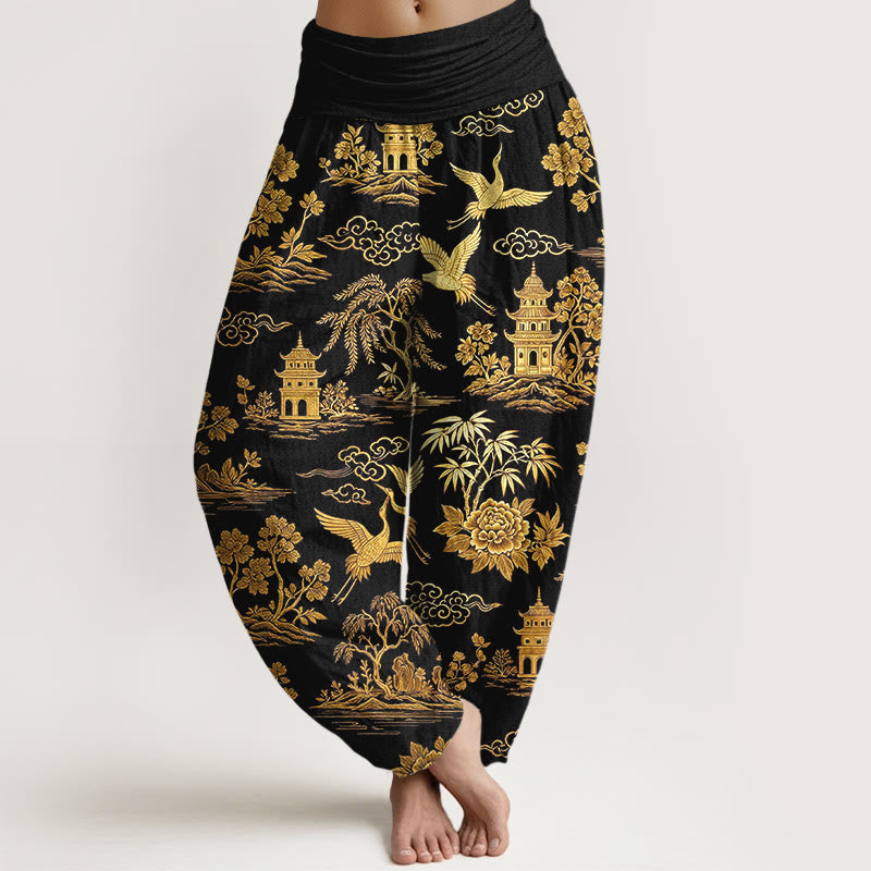 Buddha Stones Pantalon harem à taille élastique pour femme, en coton, motif grue, nuage et pivoine. - Noir - US16，UK/AU20，EU48 (3XL) - image 0