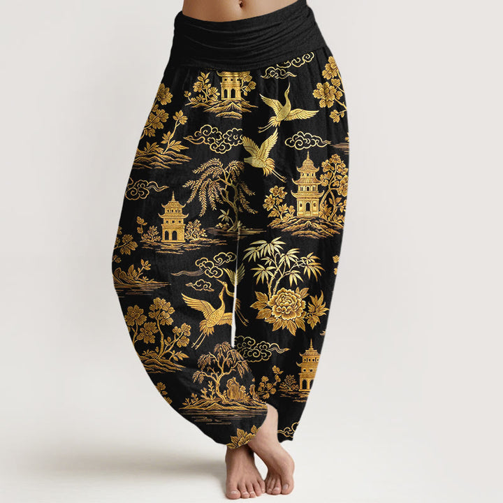 Buddha Stones Pantalon harem à taille élastique pour femme, en coton, motif grue, nuage et pivoine. - Noir - US16，UK/AU20，EU48 (3XL) - image 0