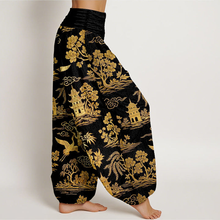 Buddha Stones Pantalon harem à taille élastique pour femme, en coton, motif grue, nuage et pivoine. - image 2