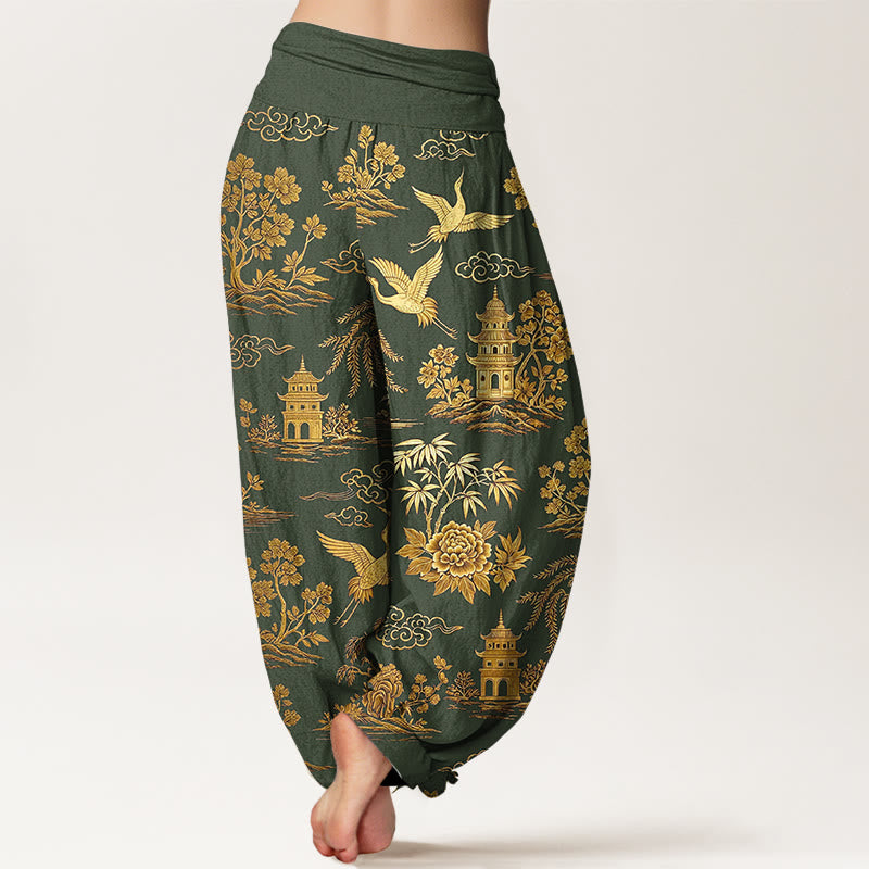 Buddha Stones Pantalon harem à taille élastique pour femme, en coton, motif grue, nuage et pivoine. - image 6