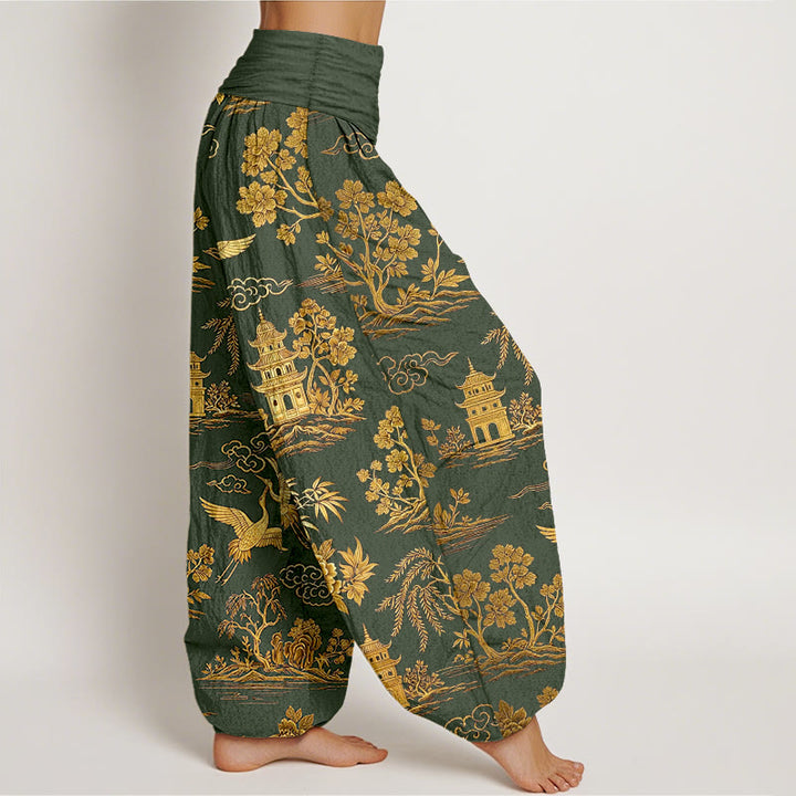 Buddha Stones Pantalon harem à taille élastique pour femme, en coton, motif grue, nuage et pivoine. - image 7