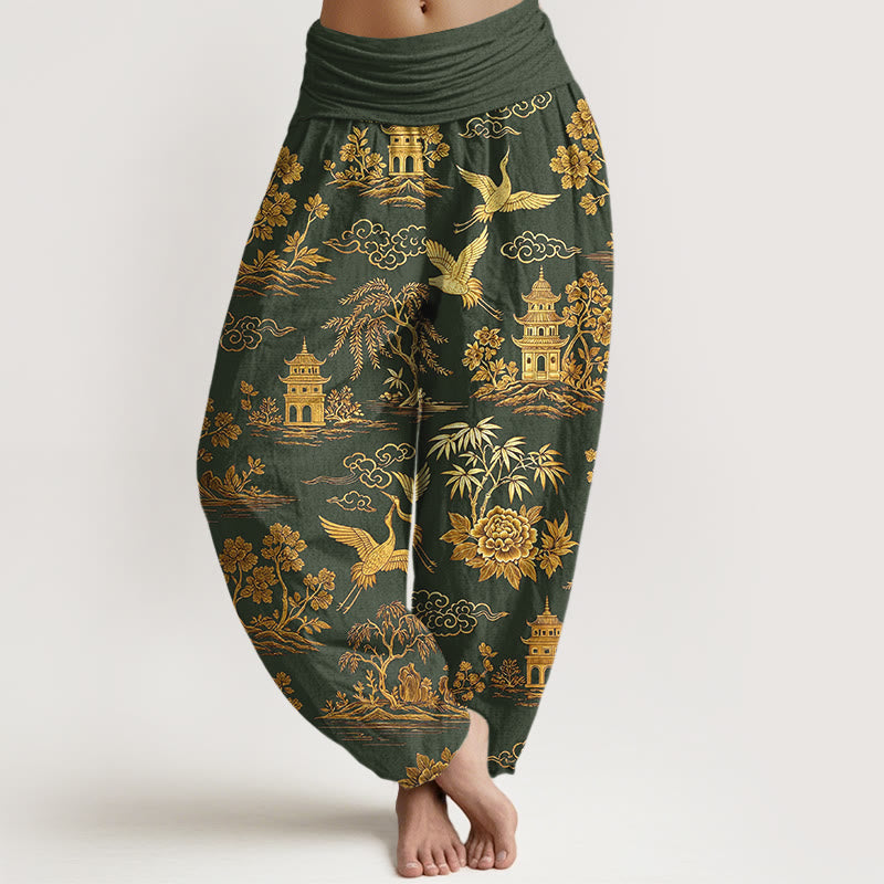 Buddha Stones Pantalon harem à taille élastique pour femme, en coton, motif grue, nuage et pivoine. - Vert olive foncé - US16，UK/AU20，EU48 (3XL) - image 5