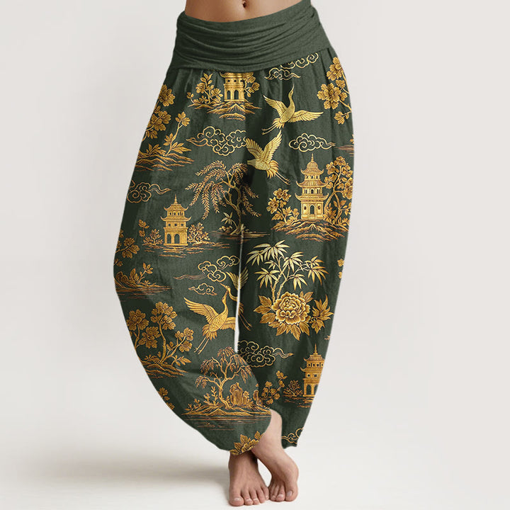 Buddha Stones Pantalon harem à taille élastique pour femme, en coton, motif grue, nuage et pivoine. - Vert olive foncé - US16，UK/AU20，EU48 (3XL) - image 5