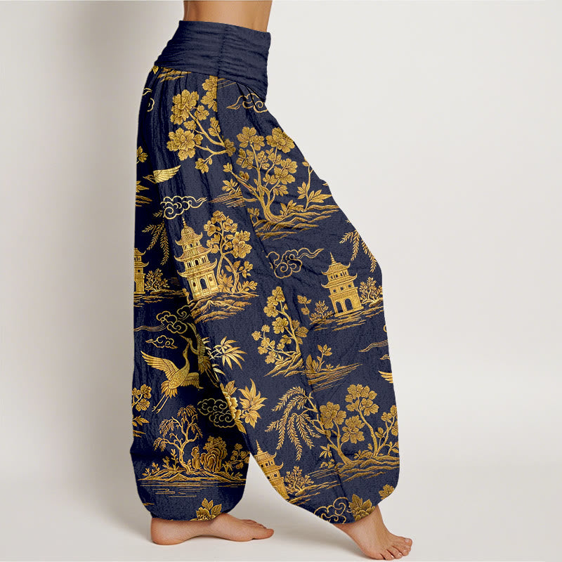 Buddha Stones Pantalon harem à taille élastique pour femme, en coton, motif grue, nuage et pivoine. - image 10