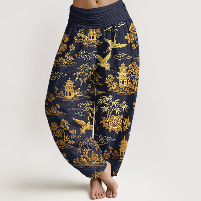 Buddha Stones Pantalon harem à taille élastique pour femme, en coton, motif grue, nuage et pivoine. - Bleu nuit - US16，UK/AU20，EU48 (3XL) - image 8