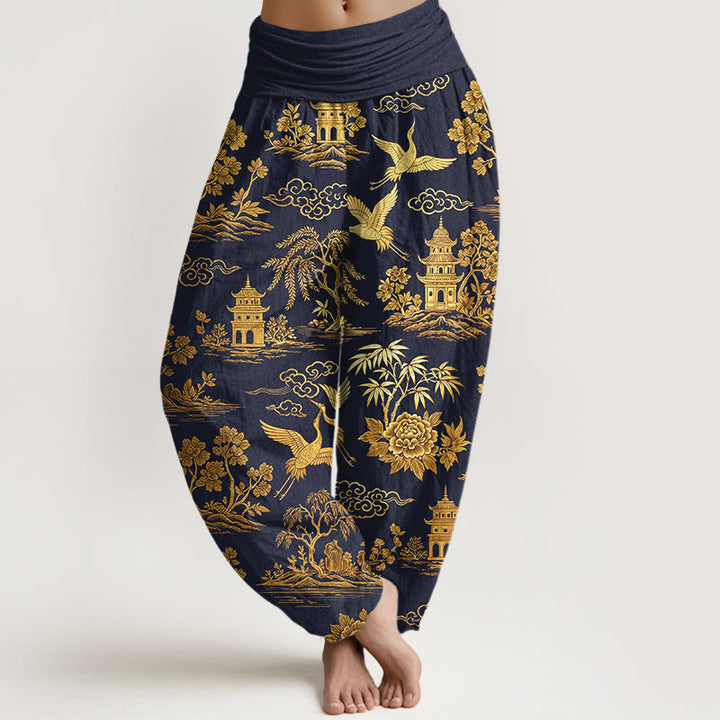 Buddha Stones Pantalon harem à taille élastique pour femme, en coton, motif grue, nuage et pivoine. - Bleu nuit - US16，UK/AU20，EU48 (3XL) - image 8