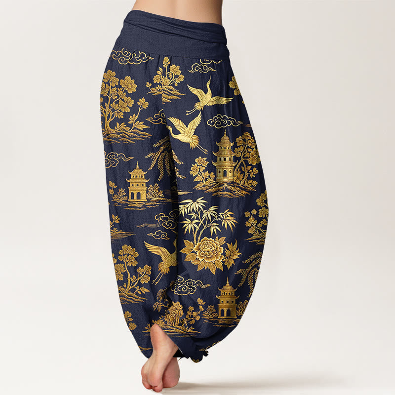Buddha Stones Pantalon harem à taille élastique pour femme, en coton, motif grue, nuage et pivoine. - image 9